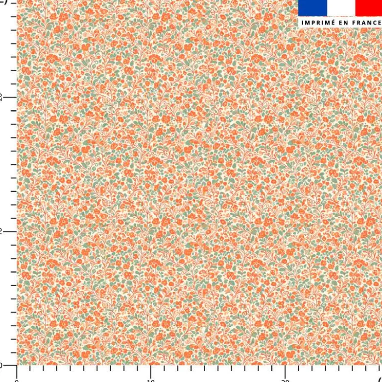 Coton motif petites fleurs rétro corail et vert doux