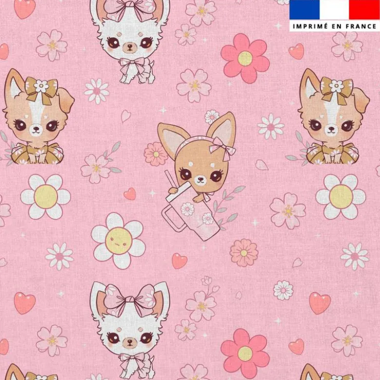 Coton rose motif chihuahua fleurs roses - Création Jolifox