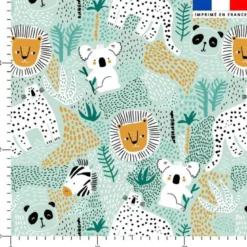Coton vert d'eau motif jungle friends