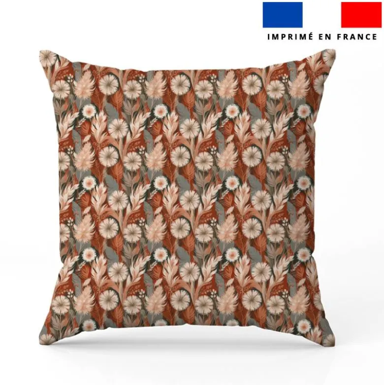 Coton vert foncé motif fleurs séchées et pampas