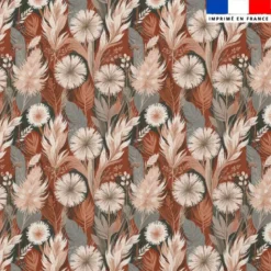 Coton vert foncé motif fleurs séchées et pampas