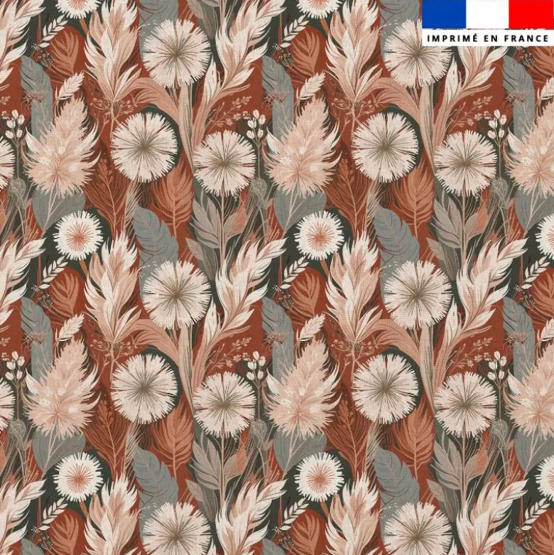 Coton vert foncé motif fleurs séchées et pampas
