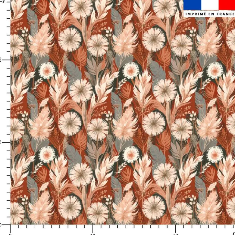Coton vert foncé motif fleurs séchées et pampas