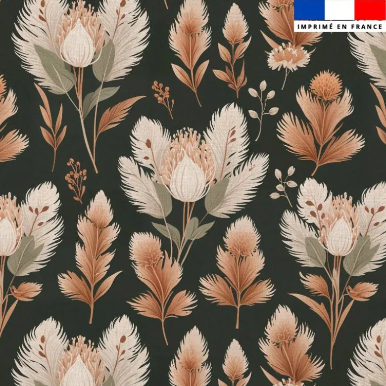Coton vert foncé motif pampas et fleurs séchées