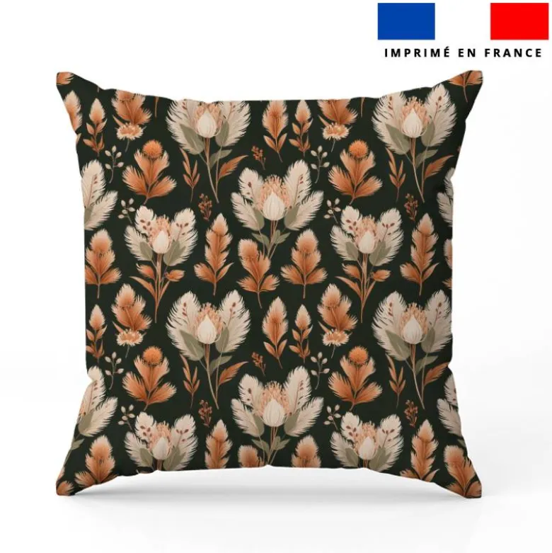 Coton vert foncé motif pampas et fleurs séchées