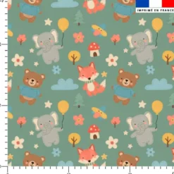 Coton vert motif animaux des bois effet cousu