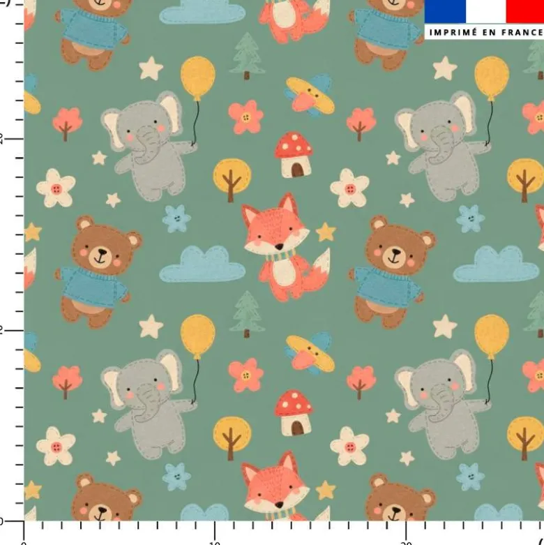 Coton vert motif animaux des bois effet cousu
