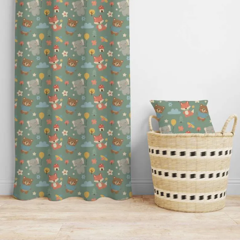 Coton vert motif animaux des bois effet cousu