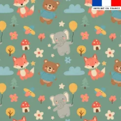 Coton vert motif animaux des bois effet cousu