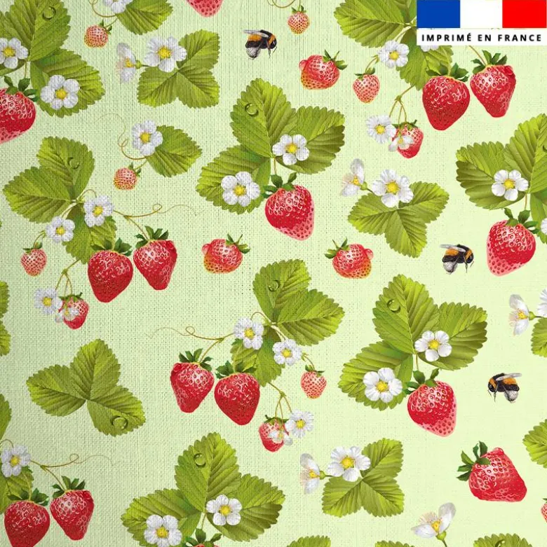 Coton vert motif fraise et bourdon