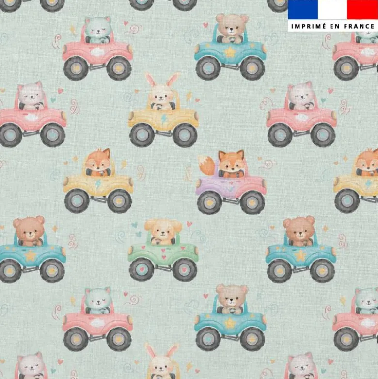 Coton vert pastel motif petits animaux conducteurs
