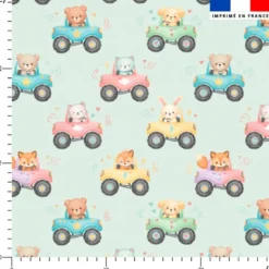 Coton vert pastel motif petits animaux conducteurs