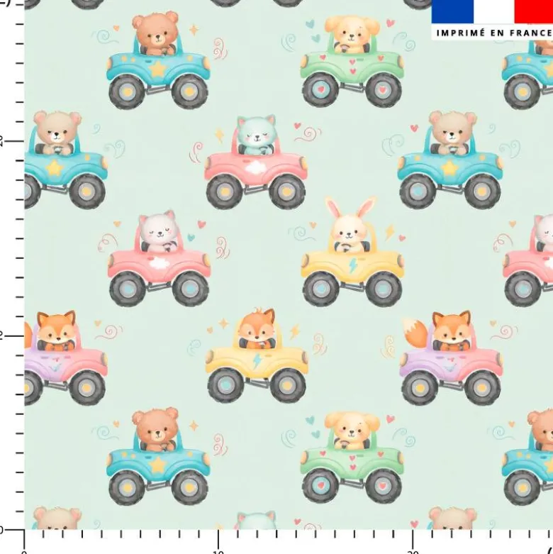 Coton vert pastel motif petits animaux conducteurs
