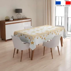 Coupon imprimé nappe de Noel rectangle blanche 300x146 cm motif flocons gold