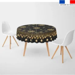 Coupon imprimé nappe de Noel ronde noire motif flocons gold