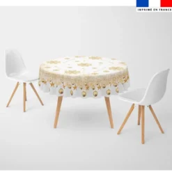 Coupon imprimé nappe de Noel ronde banche motif flocons gold