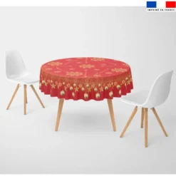 Coupon imprimé nappe de Noel ronde rouge motif flocons gold