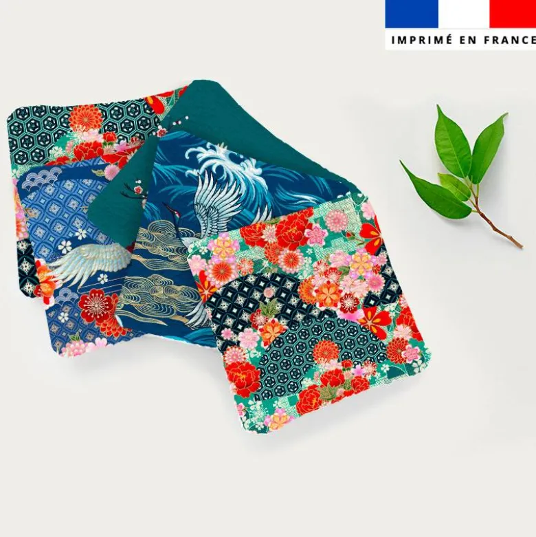 Coupon lingettes lavables motif grue et fleurs japonaises
