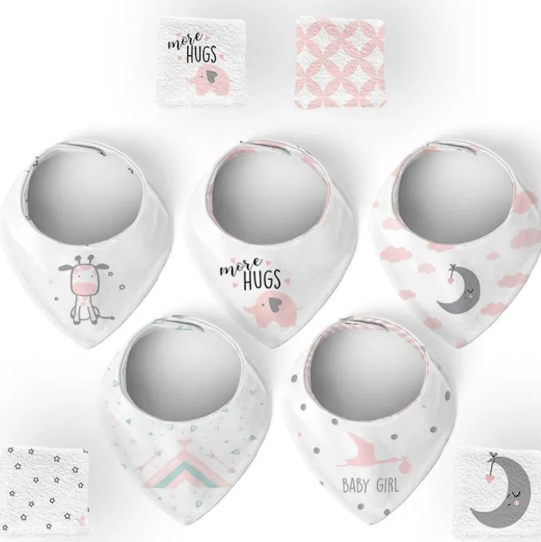 Coupon éponge bavoirs bandana motif girafe baby rose et gris