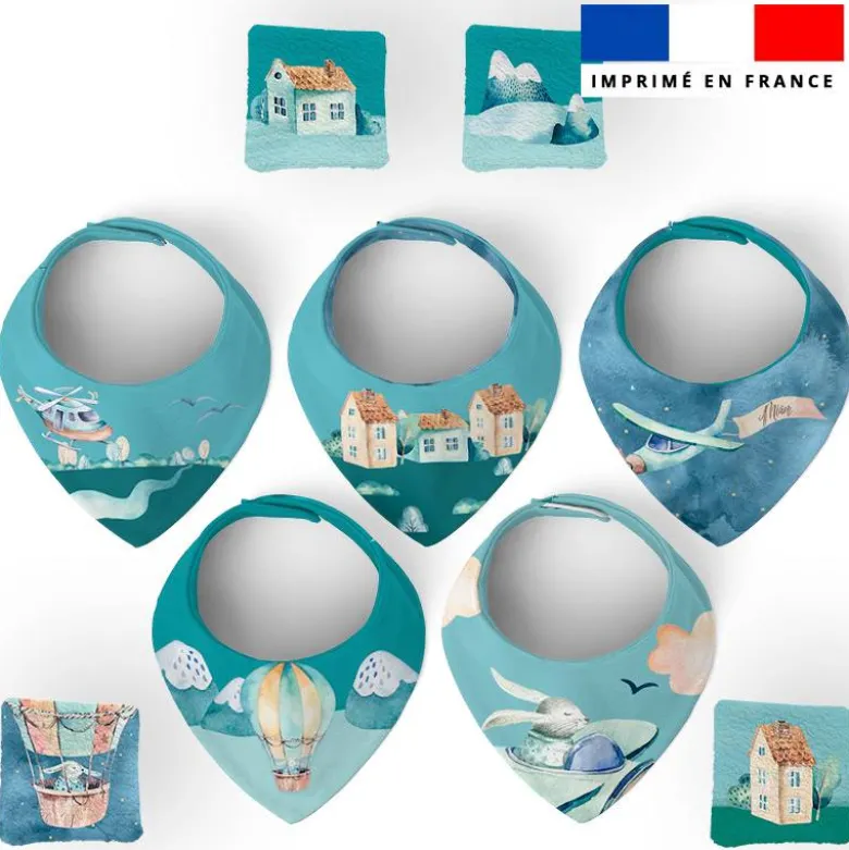 Coupon éponge bavoirs bandana motif montgolfière aquarelle