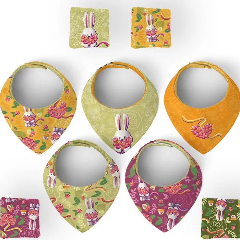 Coupon éponge bavoirs bandana motif lapin printanier - Création Stillistic