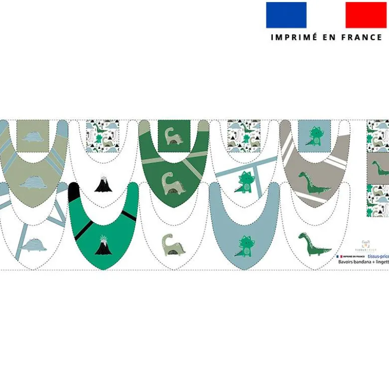 Coupon éponge bavoirs bandana motif dino vert et volcan