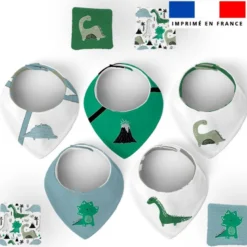 Coupon éponge bavoirs bandana motif dino vert et volcan
