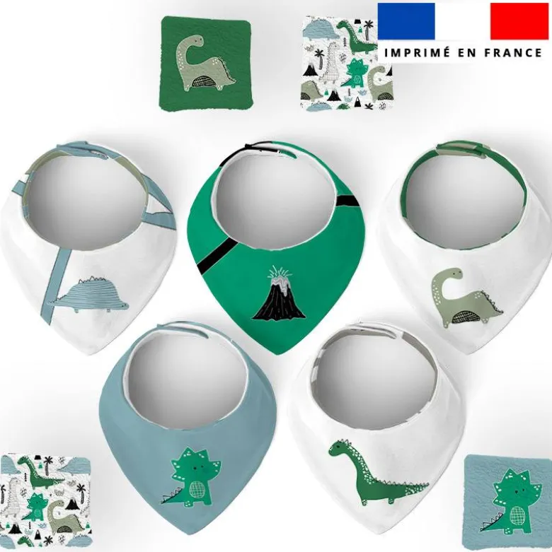 Coupon éponge bavoirs bandana motif dino vert et volcan