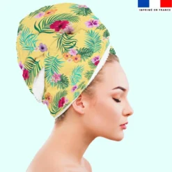 Coupon éponge pour serviette turban cheveux motif fleur tropicale jaune