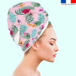 Coupon éponge pour serviette turban cheveux motif fleur tropicale rose