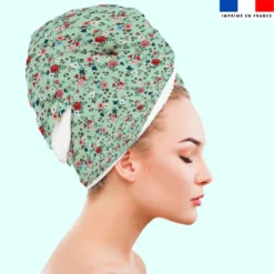 Coupon éponge pour serviette turban cheveux motif petites fleurs champêtres vert