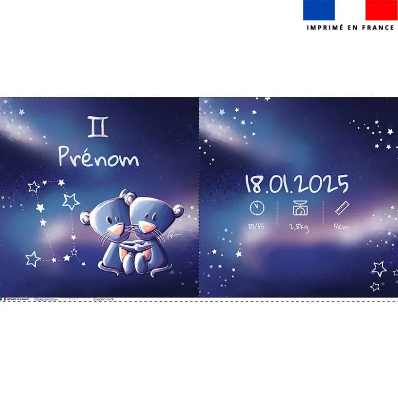 Coupon pour coussin de naissance personnalisé - Astro gémeaux - Création Stillistic