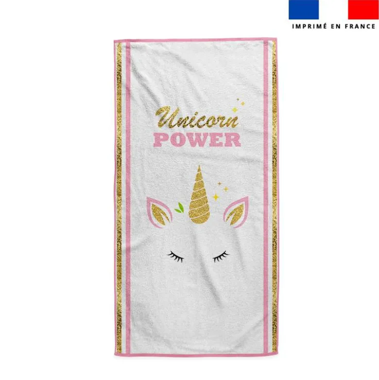 Coupon pour serviette de plage blanc motif licorne gold
