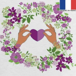 Coupon 45x45 cm écru motif fleur et coeur violet et vert