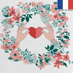 Coupon 45x45 cm écru motif fleur et coeur rouge et vert