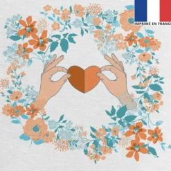 Coupon 45x45 cm écru motif fleur et coeur orange et bleu