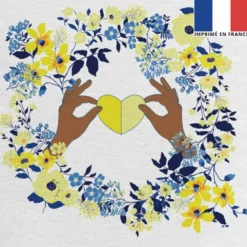 Coupon 45x45 cm écru motif fleur et coeur jaune et bleu
