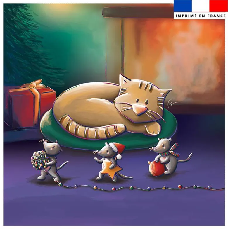Coupon 45x45 cm imprimé chat et souris de noel - Création Stillistic