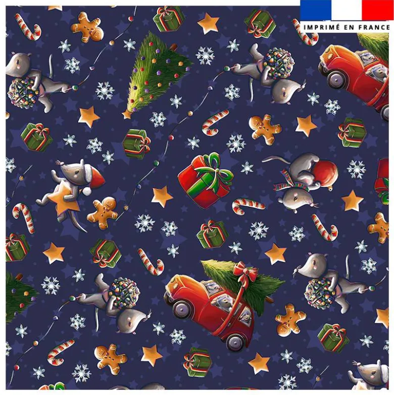 Coupon 45x45 cm imprimé souris de noel bleu - Création Stillistic