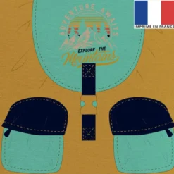 Coupon 45x45 cm motif sac à dos ocre turquoise et bleu