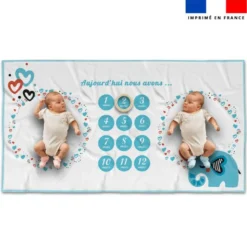 Coupon 135x74 cm pour couverture mensuelle jumeaux motif éléphant bleu