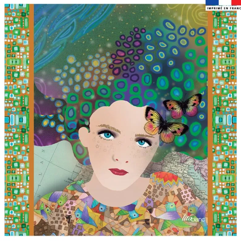 Coupon 45x45 cm vert motif diva et papillons - Création Lita Blanc