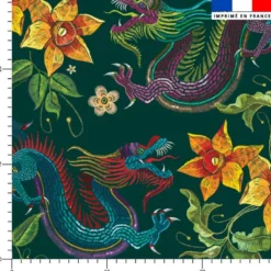Dragon asiatique effet brodé - Fond vert foncé