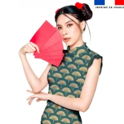Eventail chinois beige - Fond vert canard