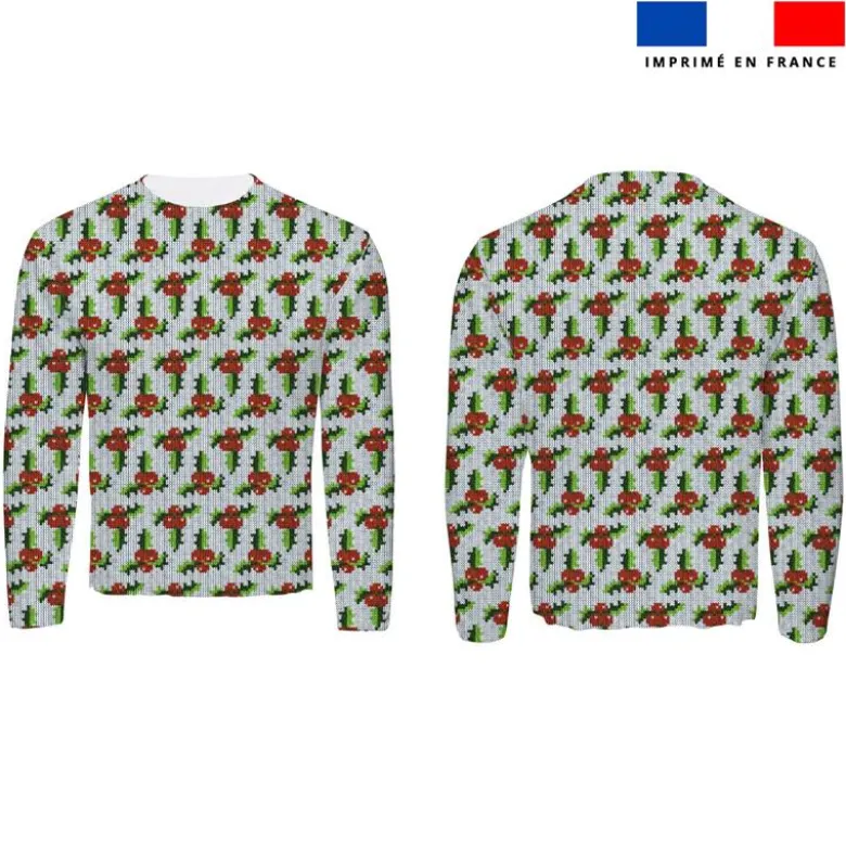 Feuilles et baies de houx effet tricoté - Fond blanc