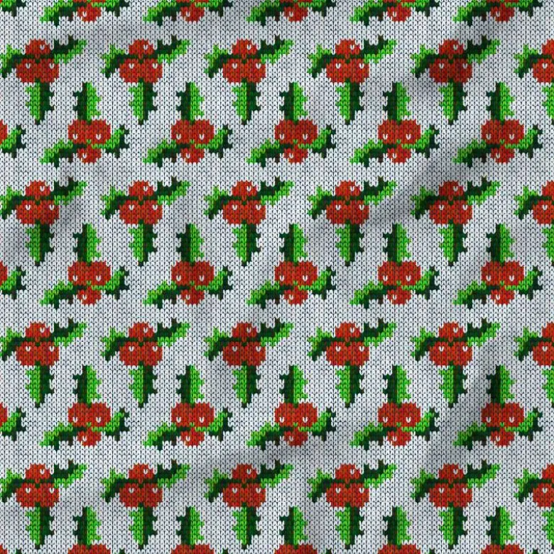 Feuilles et baies de houx effet tricoté - Fond blanc