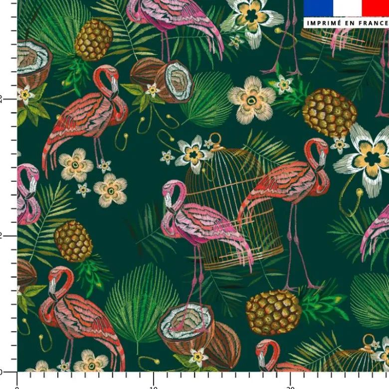 Flamant et fruit tropical effet brodé - Fond vert foncé