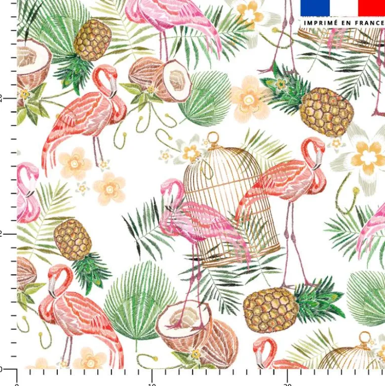 Flamant et fruit tropical effet brodé - Fond blanc