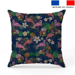 Flamant et fruit tropical effet brodé - Fond bleu foncé