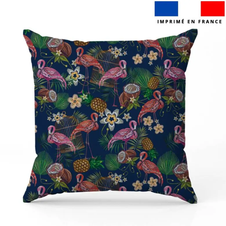 Flamant et fruit tropical effet brodé - Fond bleu foncé